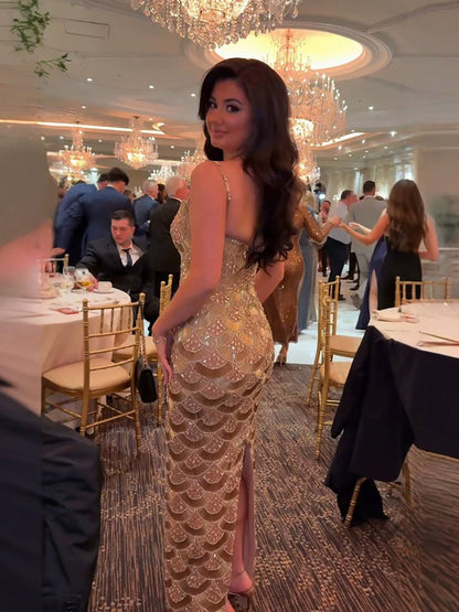 Luxury Gold Beaded Mermaid Evening Dress LA73733