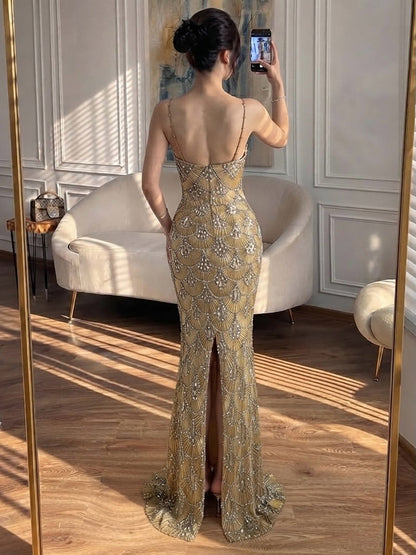 Luxury Gold Beaded Mermaid Evening Dress LA73733