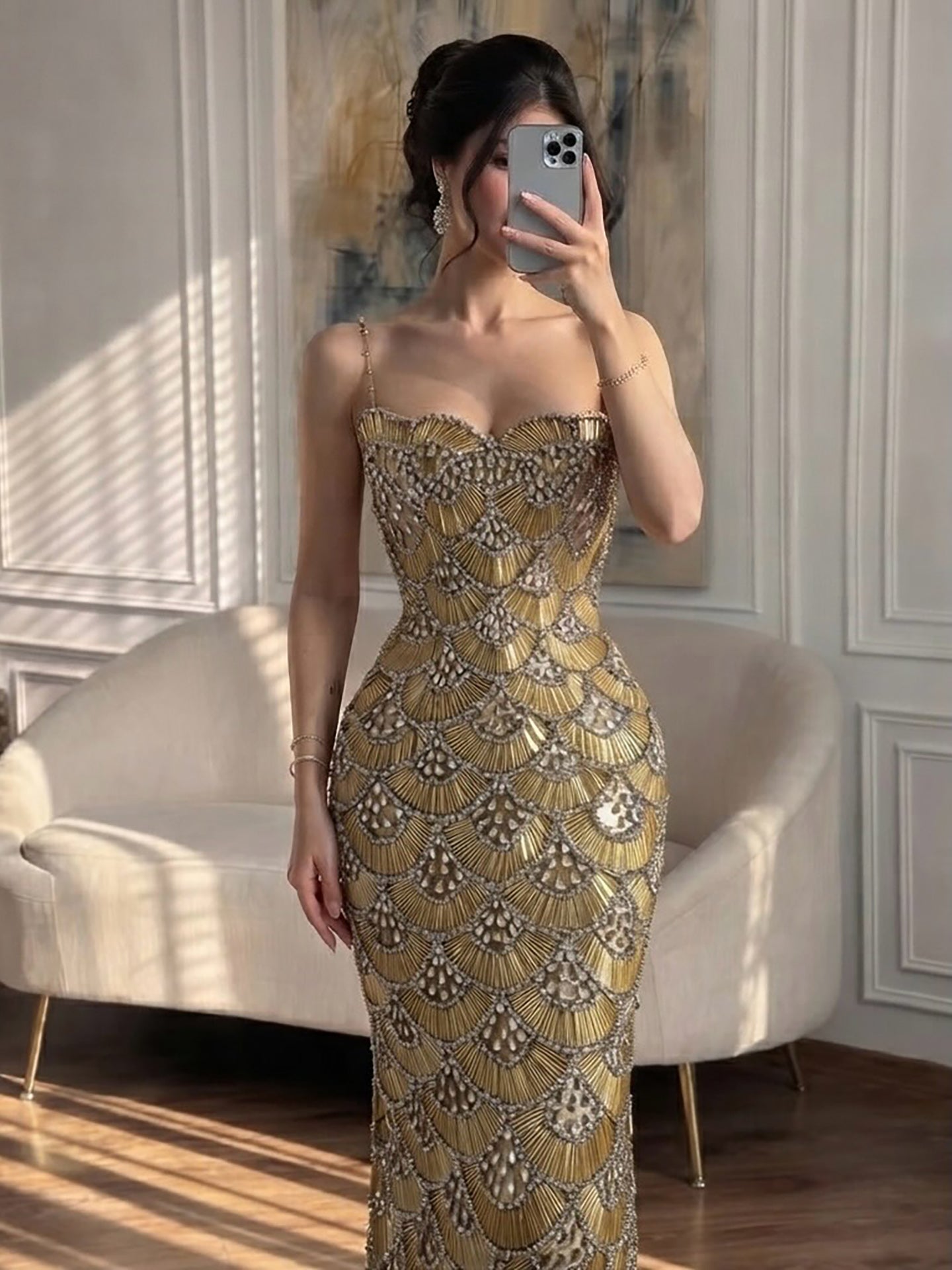 Luxury Gold Beaded Mermaid Evening Dress LA73733