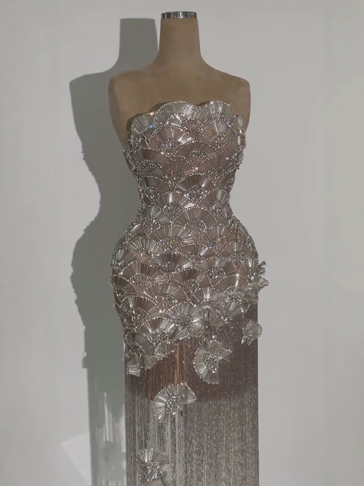 Luxury Silver Strapless Scalloped Beaded Asymmetric Tassel Dress LA73733A