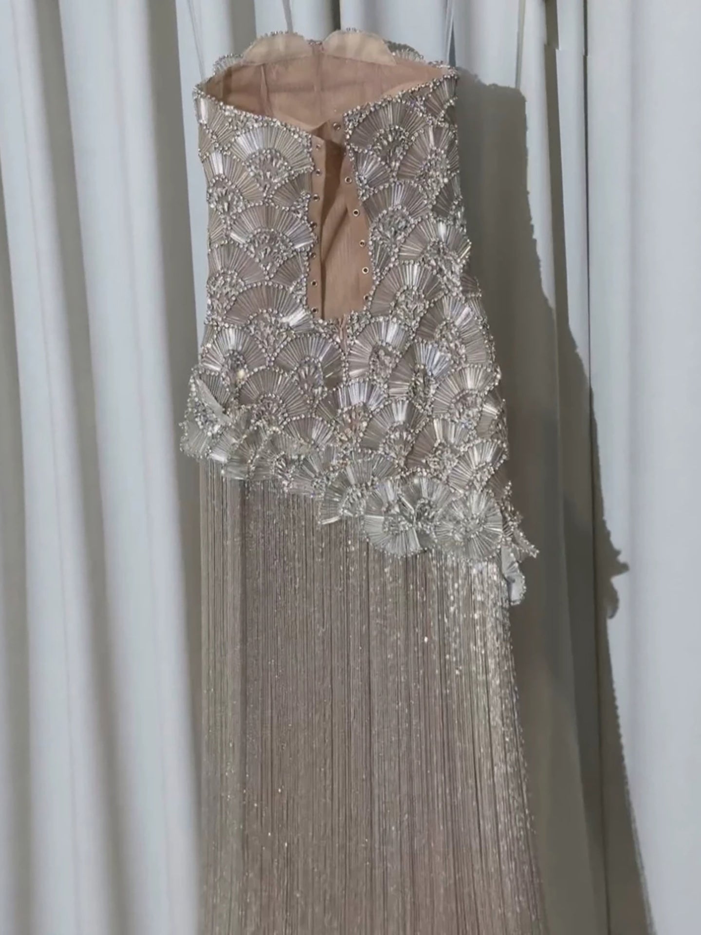 Luxury Silver Strapless Scalloped Beaded Asymmetric Tassel Dress LA73733A