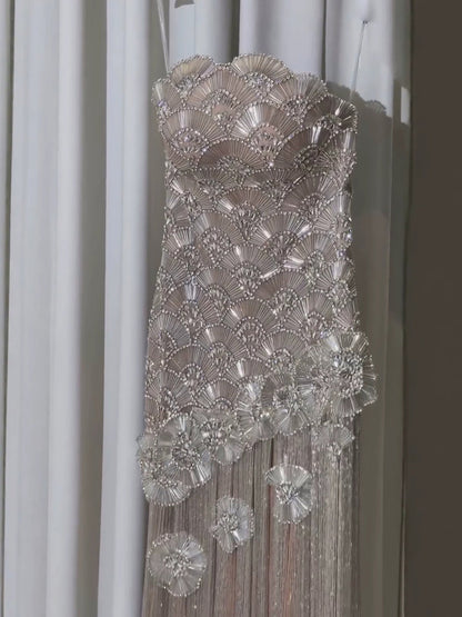 Luxury Silver Strapless Scalloped Beaded Asymmetric Tassel Dress LA73733A