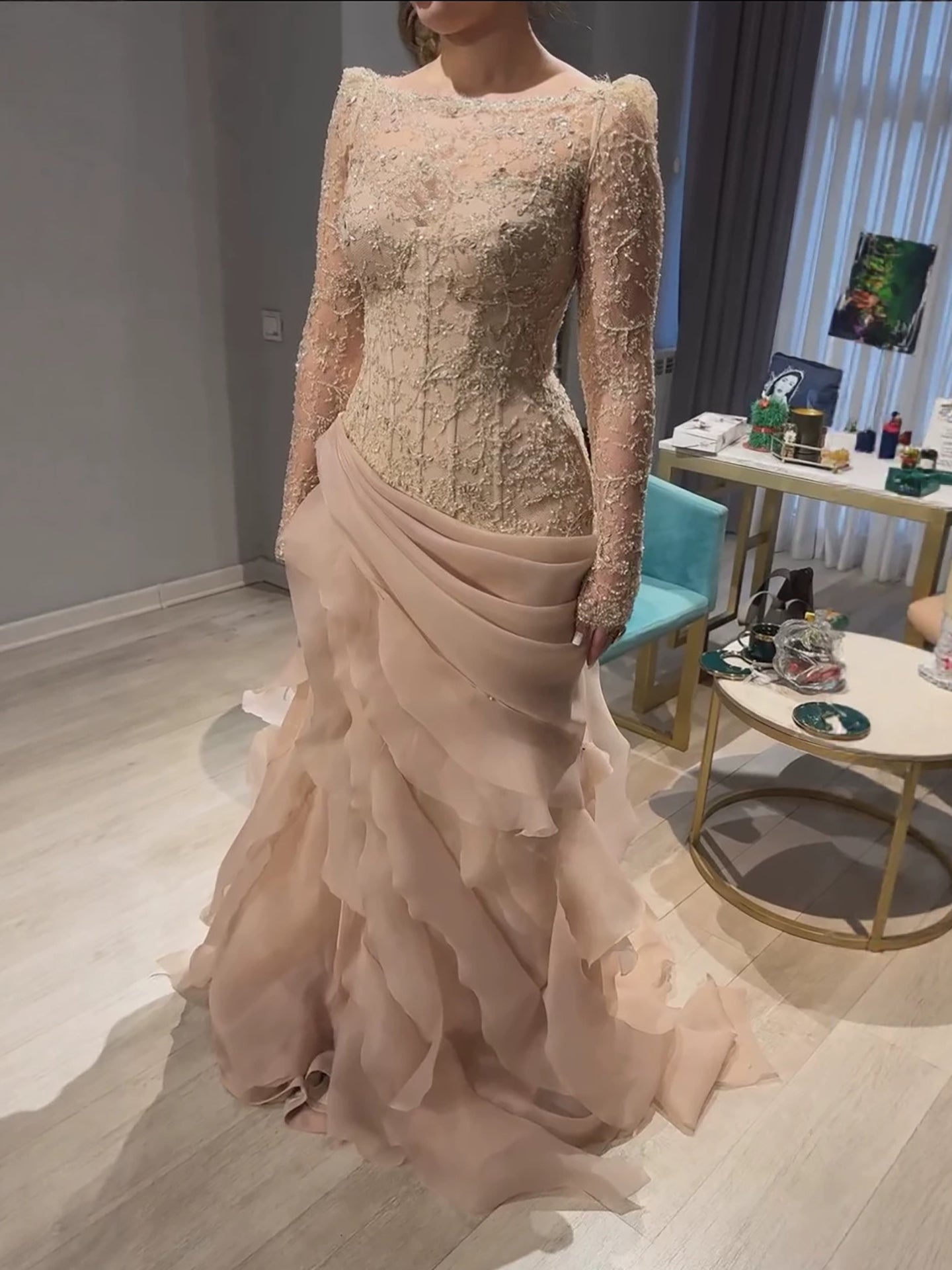 Luxury Nude Beaded Mermaid Dress with Ruffles LA73736