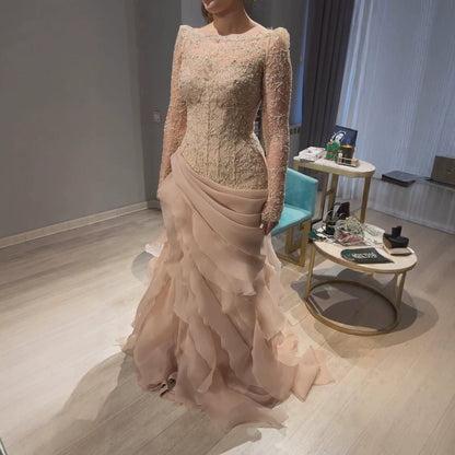 Luxury Nude Beaded Mermaid Dress with Ruffles LA73736