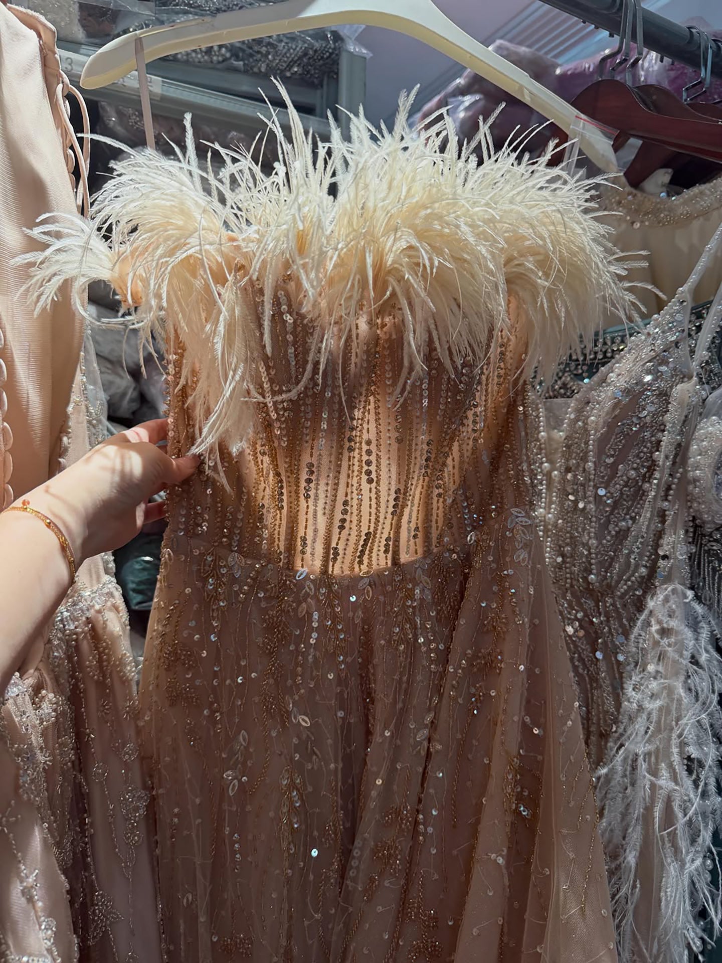 Luxury Caramel Feather Beaded Off Shoulder A Line Dress LA73737