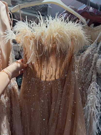 Luxury Caramel Feather Beaded Off Shoulder A Line Dress LA73737