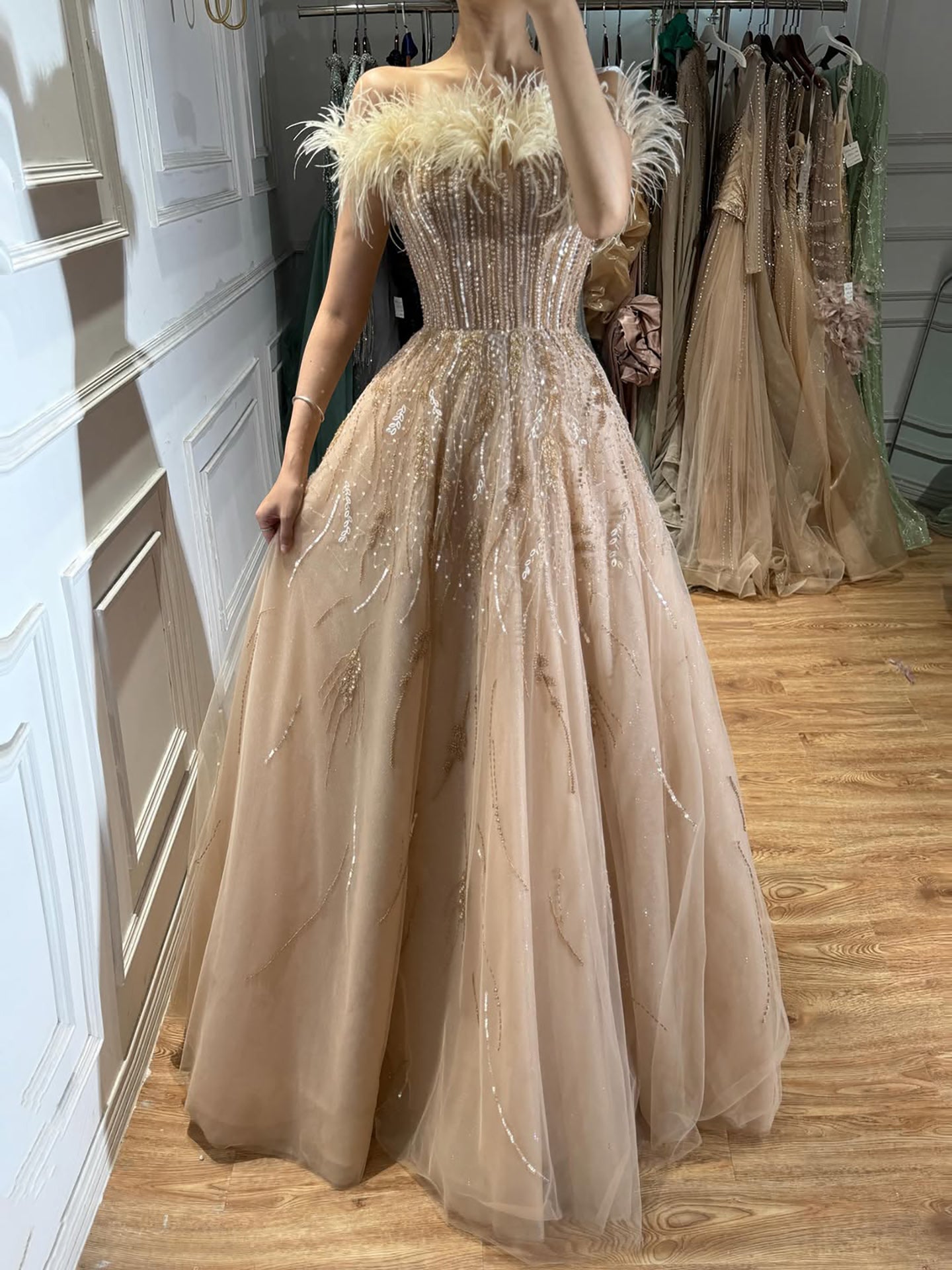 Luxury Caramel Feather Beaded Off Shoulder A Line Dress LA73737