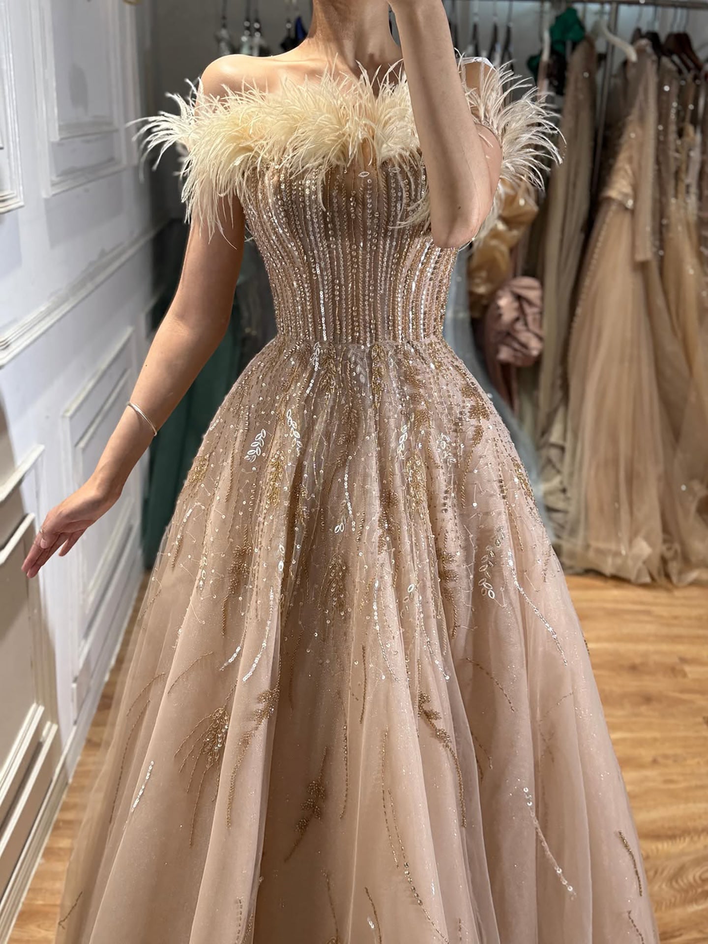 Luxury Caramel Feather Beaded Off Shoulder A Line Dress LA73737