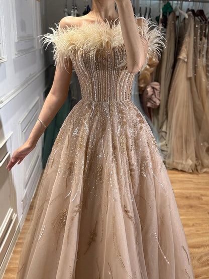Luxury Caramel Feather Beaded Off Shoulder A Line Dress LA73737