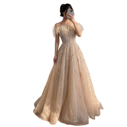 Luxury Caramel Feather Beaded Off Shoulder A Line Dress LA73737