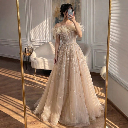 Luxury Caramel Feather Beaded Off Shoulder A Line Dress LA73737