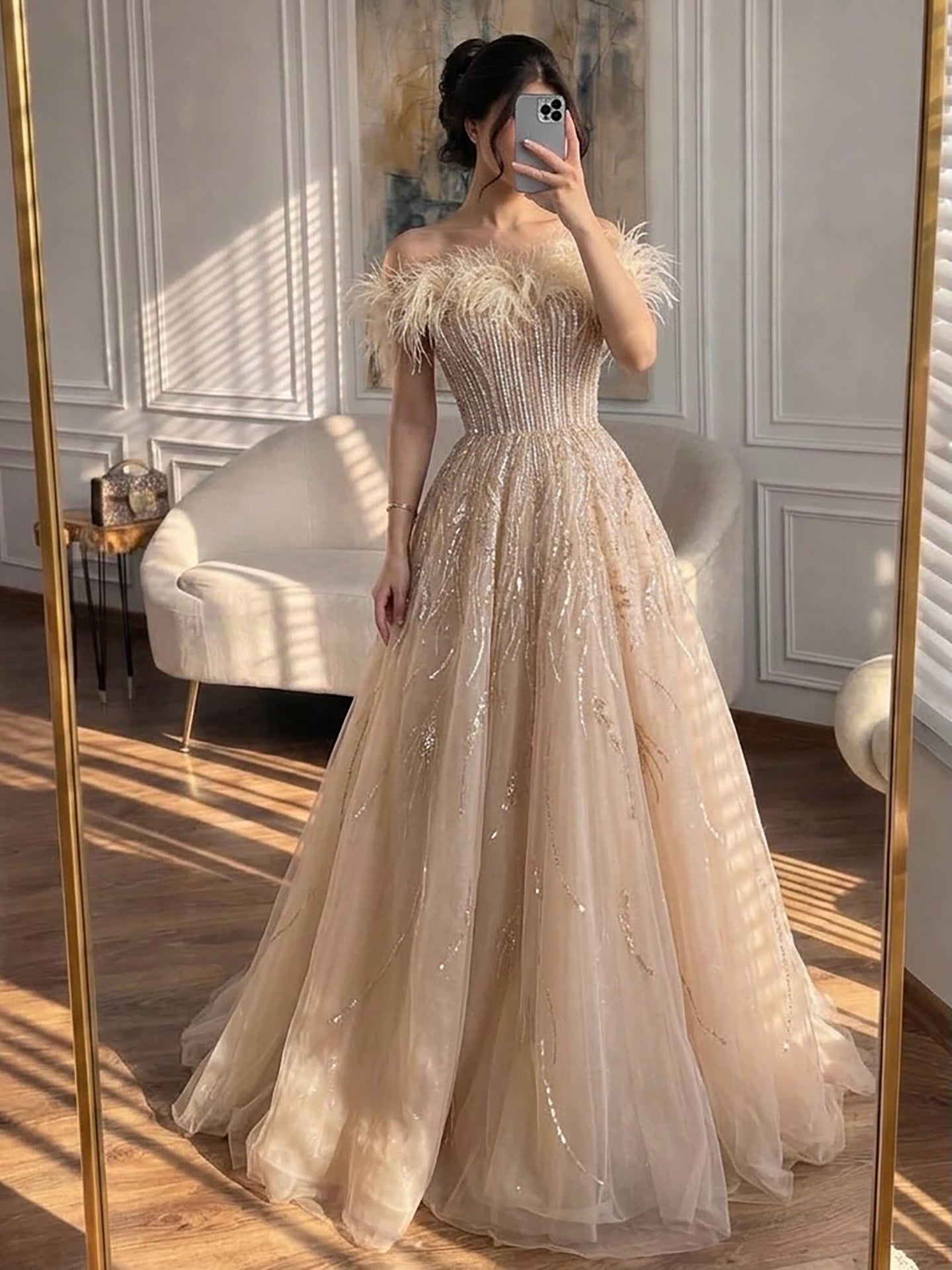 Luxury Caramel Feather Beaded Off Shoulder A Line Dress LA73737