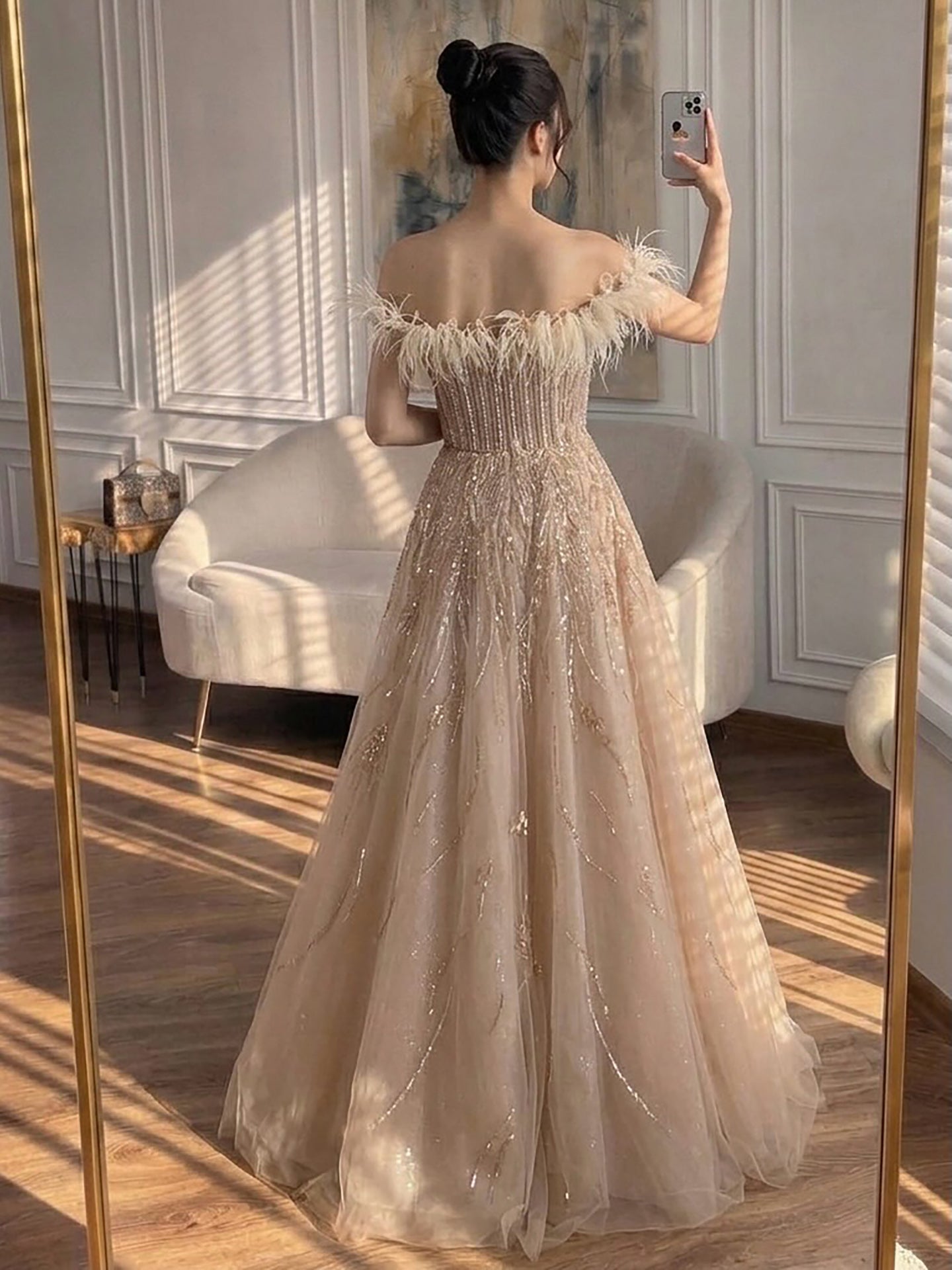 Luxury Caramel Feather Beaded Off Shoulder A Line Dress LA73737