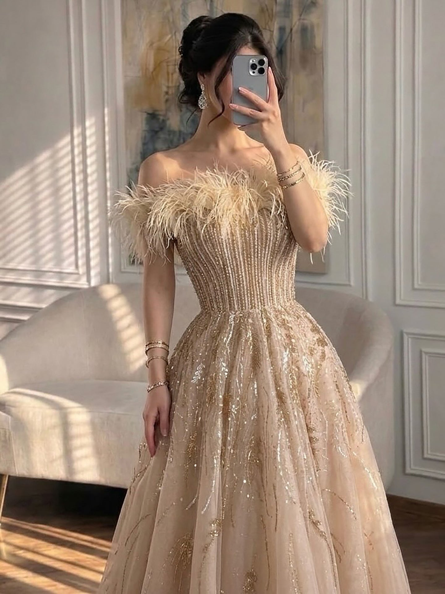 Luxury Caramel Feather Beaded Off Shoulder A Line Dress LA73737