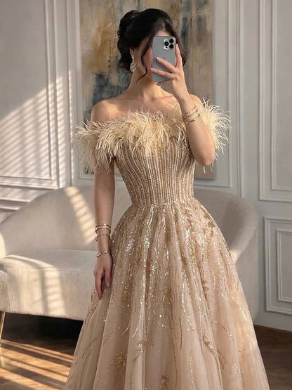Luxury Caramel Feather Beaded Off Shoulder A Line Dress LA73737