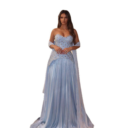 Luxury Blue Crystal Beaded A Line Dress with Shawl LA73738