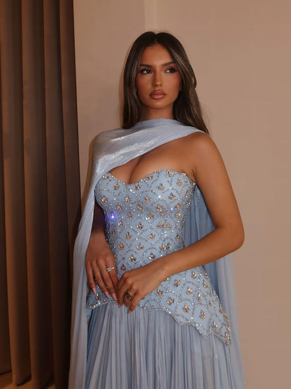 Luxury Blue Crystal Beaded A Line Dress with Shawl LA73738