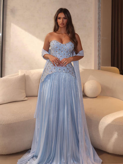 Luxury Blue Crystal Beaded A Line Dress with Shawl LA73738