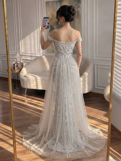 Luxury Silver Nude Crystal Beaded Mermaid Dress LA73740