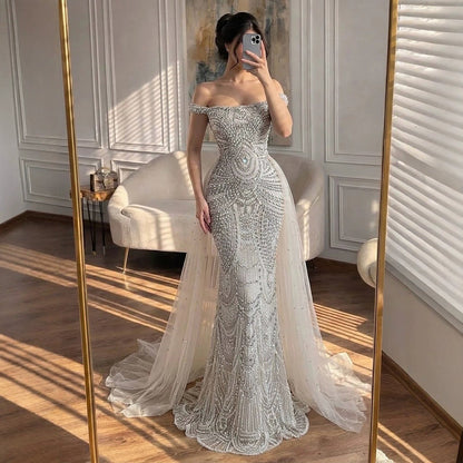 Luxury Silver Nude Crystal Beaded Mermaid Dress LA73740