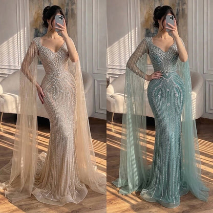 Luxury Nude Beaded Mermaid Evening Dress with Cape LA73741