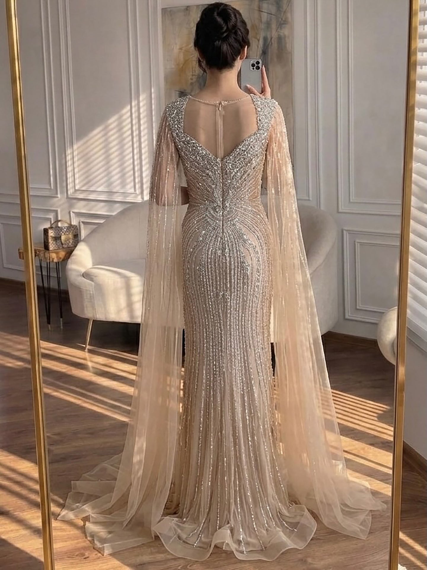 Luxury Nude Beaded Mermaid Evening Dress with Cape LA73741