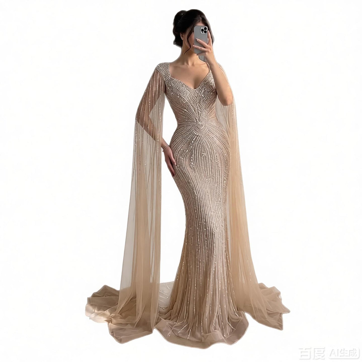 Luxury Nude Beaded Mermaid Evening Dress with Cape LA73741