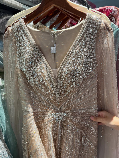 Luxury Nude Crystal Beaded A Line Dress with Cape Sleeves LA73742
