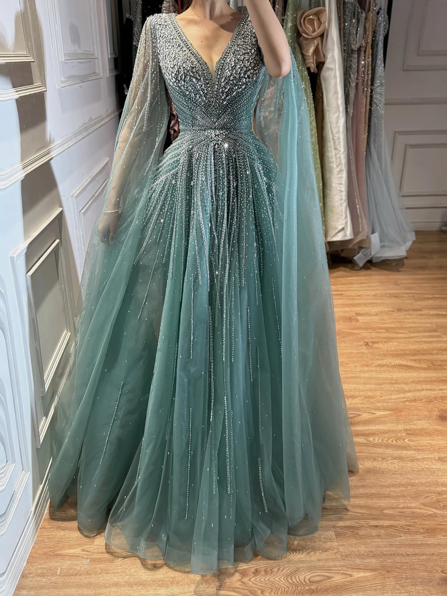 Luxury Nude Crystal Beaded A Line Dress with Cape Sleeves LA73742
