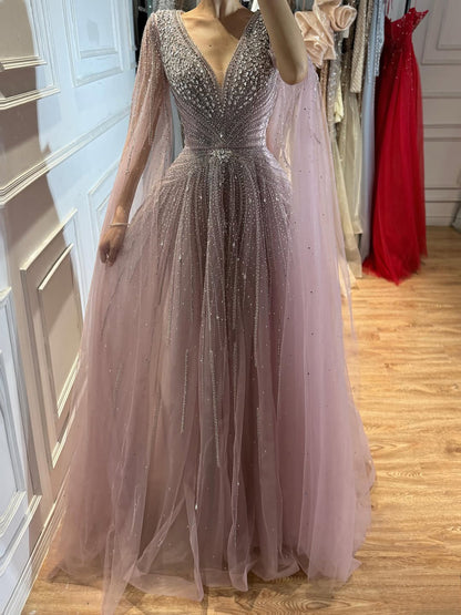 Luxury Nude Crystal Beaded A Line Dress with Cape Sleeves LA73742