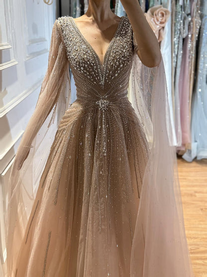 Luxury Nude Crystal Beaded A Line Dress with Cape Sleeves LA73742