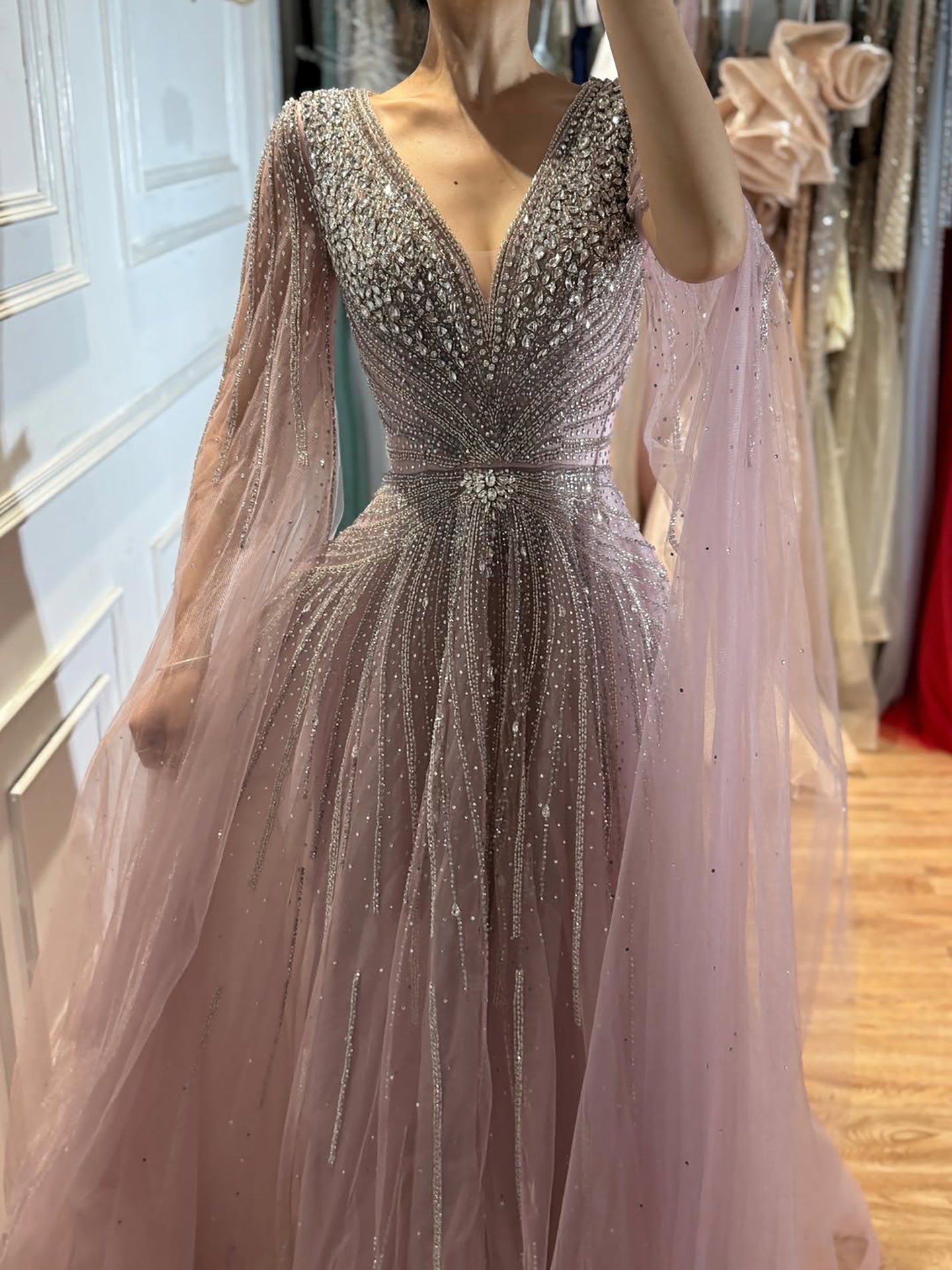 Luxury Nude Crystal Beaded A Line Dress with Cape Sleeves LA73742