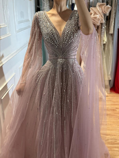 Luxury Nude Crystal Beaded A Line Dress with Cape Sleeves LA73742
