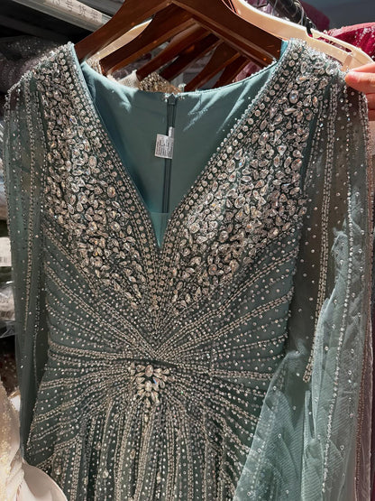 Luxury Nude Crystal Beaded A Line Dress with Cape Sleeves LA73742