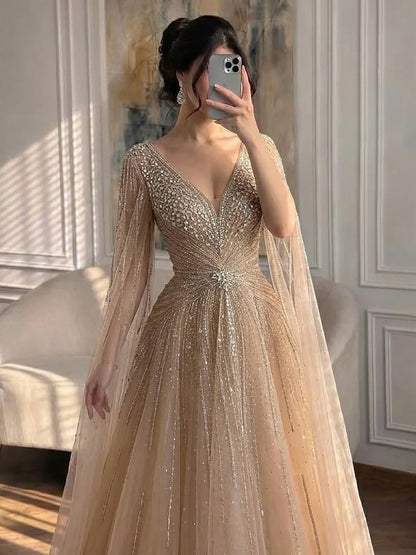 Luxury Nude Crystal Beaded A Line Dress with Cape Sleeves LA73742