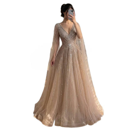 Luxury Nude Crystal Beaded A Line Dress with Cape Sleeves LA73742