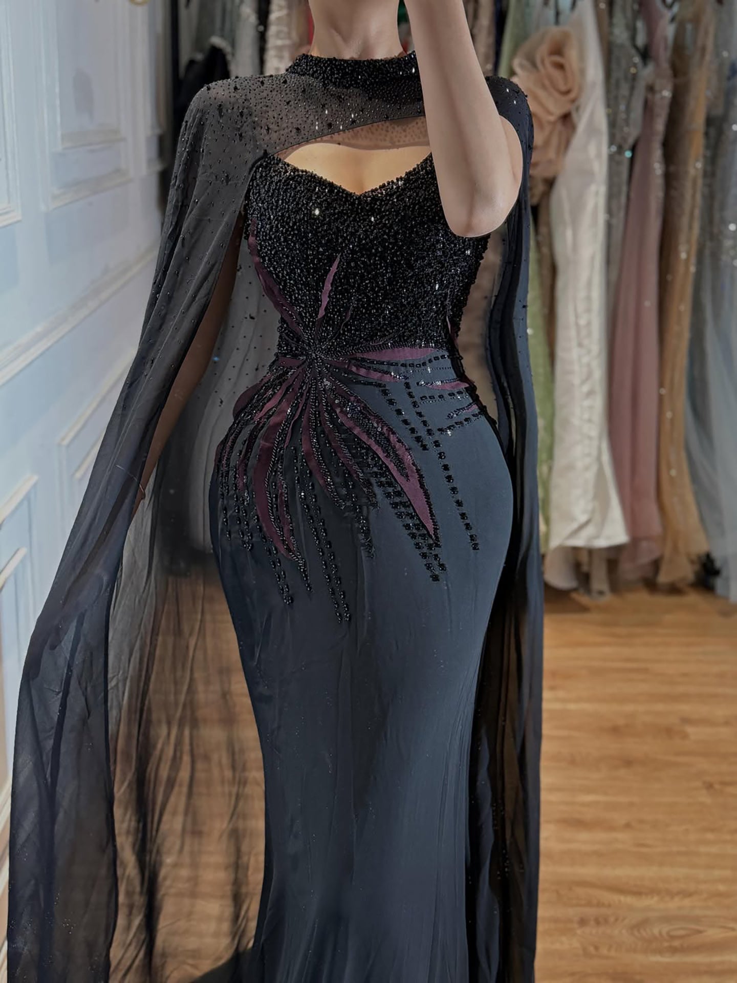 Luxury Black Wine Red Beaded Mermaid Evening Dress LA73743