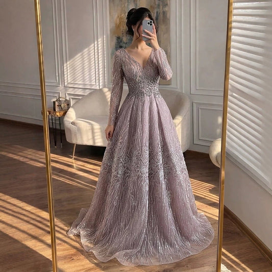 Luxury Pink Beaded A Line Evening Dress LA73744