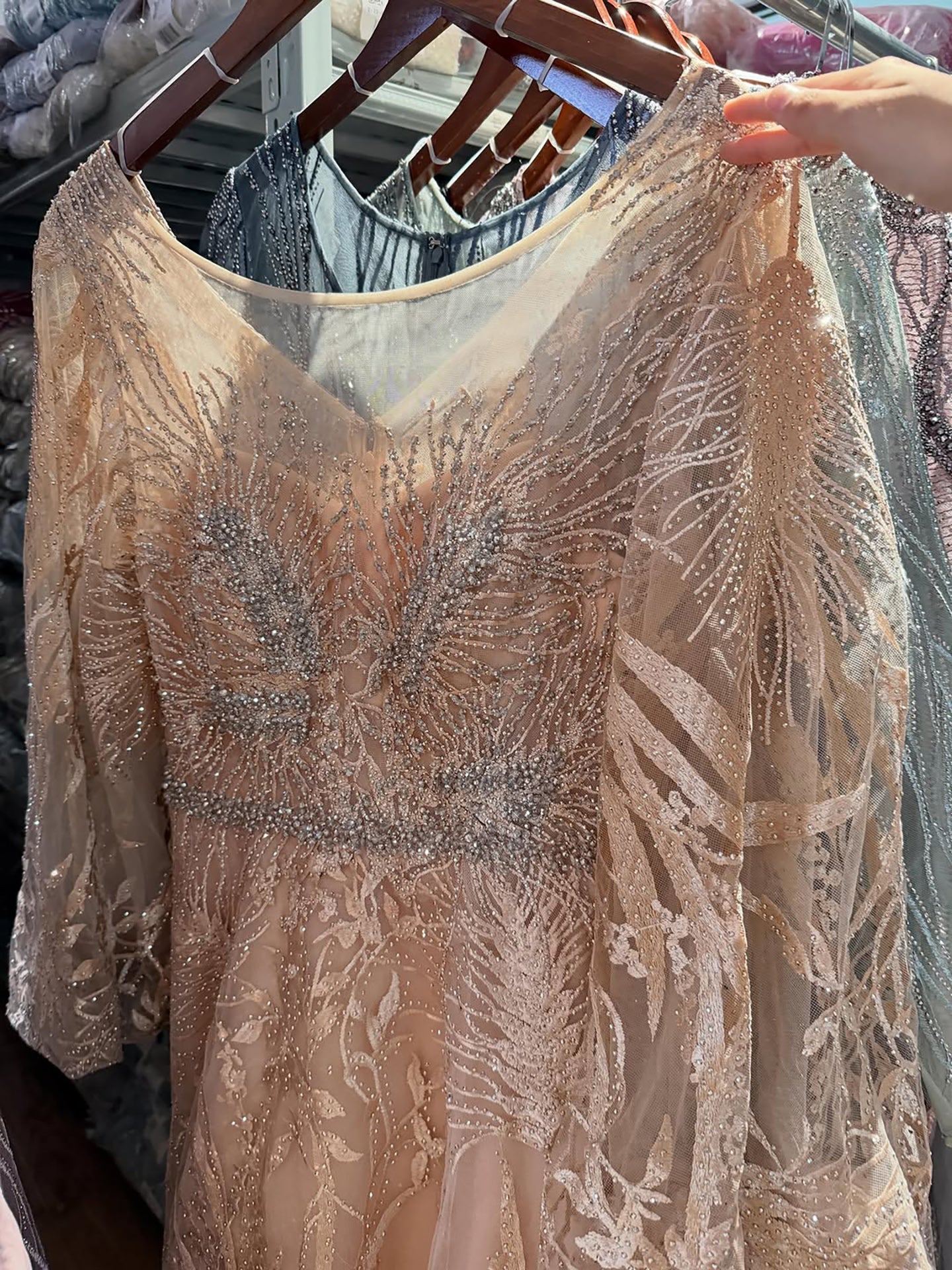 Luxury Nude Illusion Neck Beaded A-Line Gown with Puff Sleeves LA73745