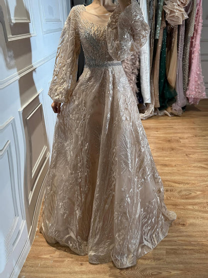 Luxury Nude Illusion Neck Beaded A-Line Gown with Puff Sleeves LA73745