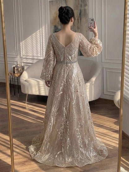 Luxury Nude Illusion Neck Beaded A-Line Gown with Puff Sleeves LA73745