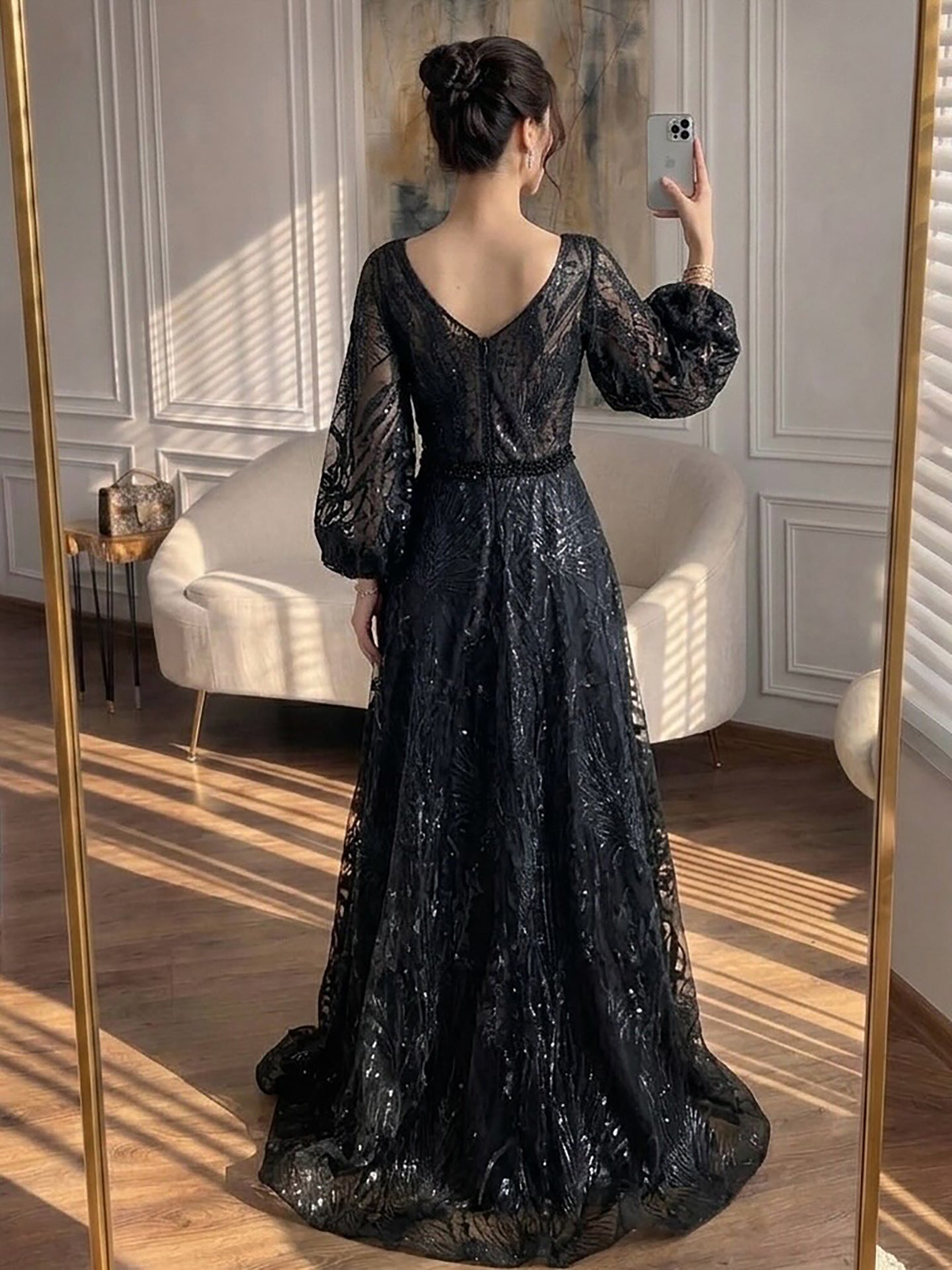 Luxury Nude Illusion Neck Beaded A-Line Gown with Puff Sleeves LA73745