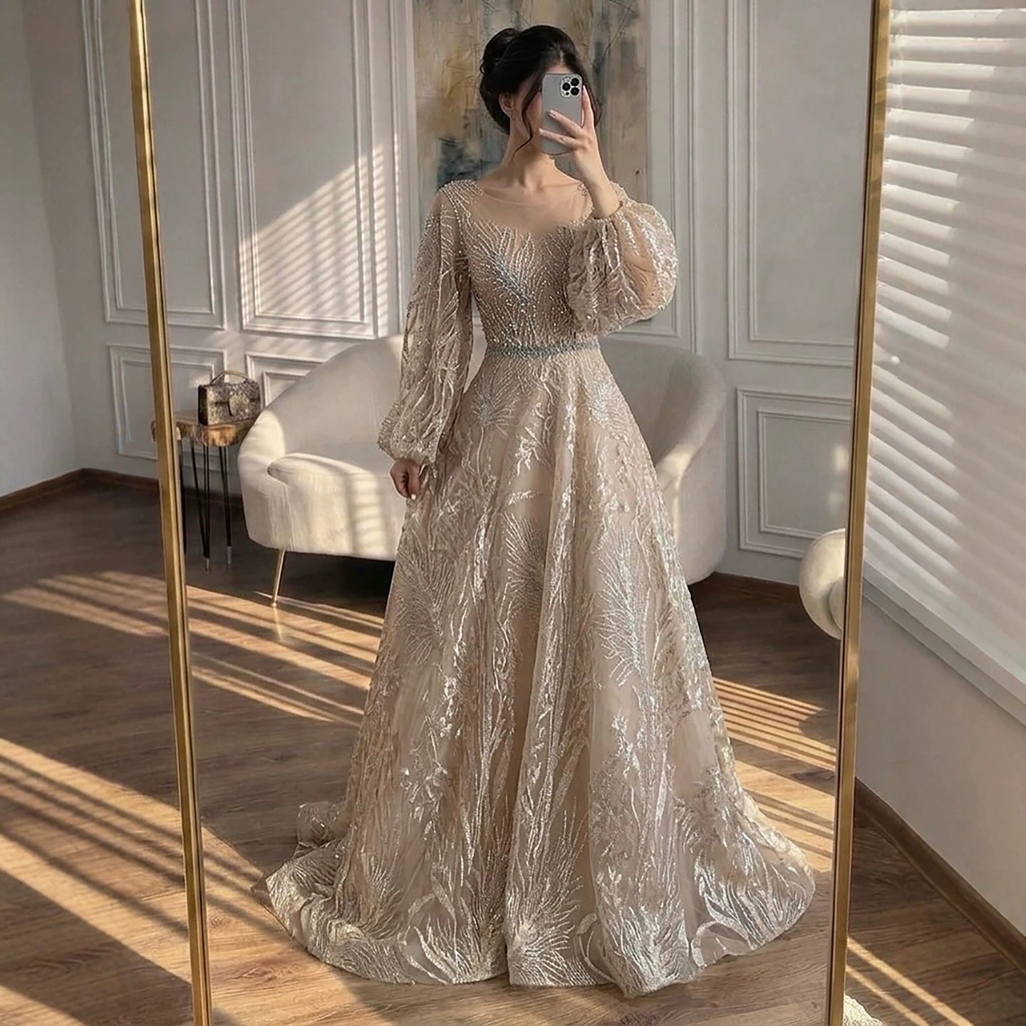 Luxury Nude Illusion Neck Beaded A-Line Gown with Puff Sleeves LA73745