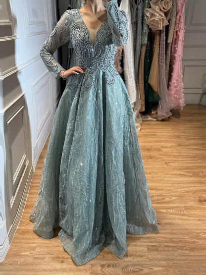 Luxury Nude Beaded V Neck Long Sleeve A Line Evening Dress LA73747