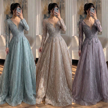 Luxury Nude Beaded V Neck Long Sleeve A Line Evening Dress LA73747