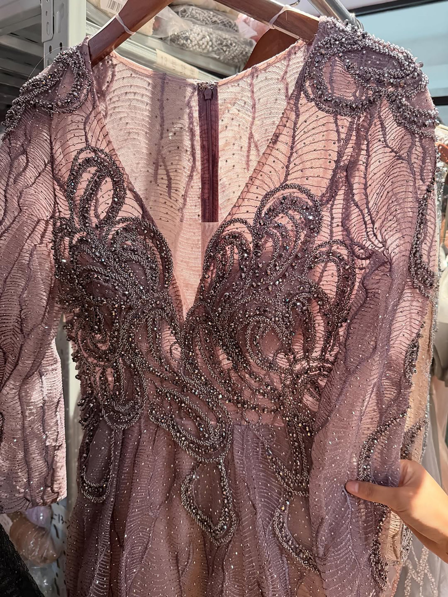 Luxury Nude Beaded V Neck Long Sleeve A Line Evening Dress LA73747