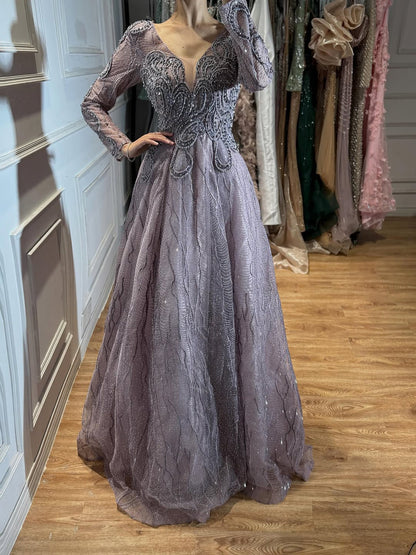 Luxury Nude Beaded V Neck Long Sleeve A Line Evening Dress LA73747
