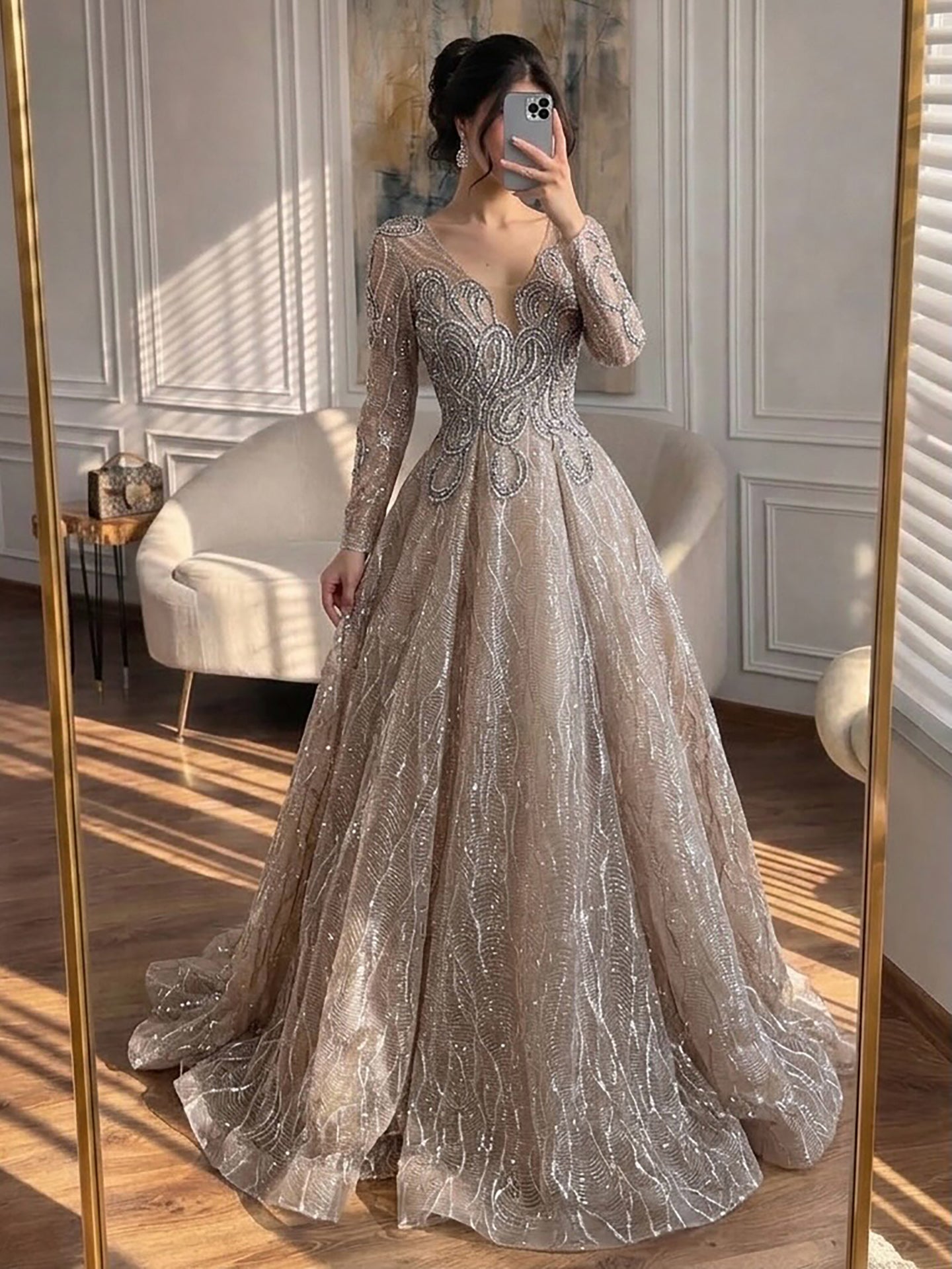 Luxury Nude Beaded V Neck Long Sleeve A Line Evening Dress LA73747