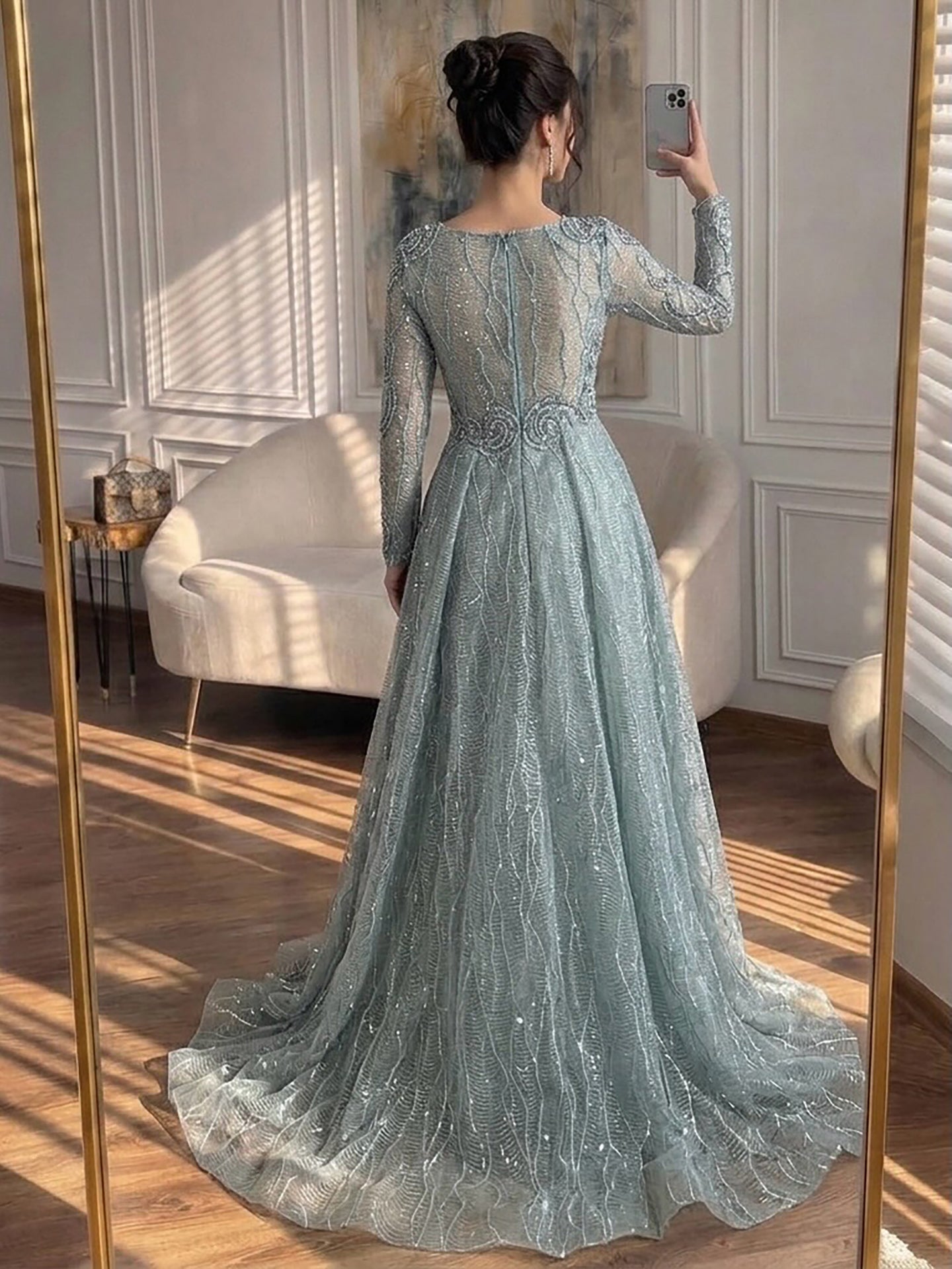 Luxury Nude Beaded V Neck Long Sleeve A Line Evening Dress LA73747