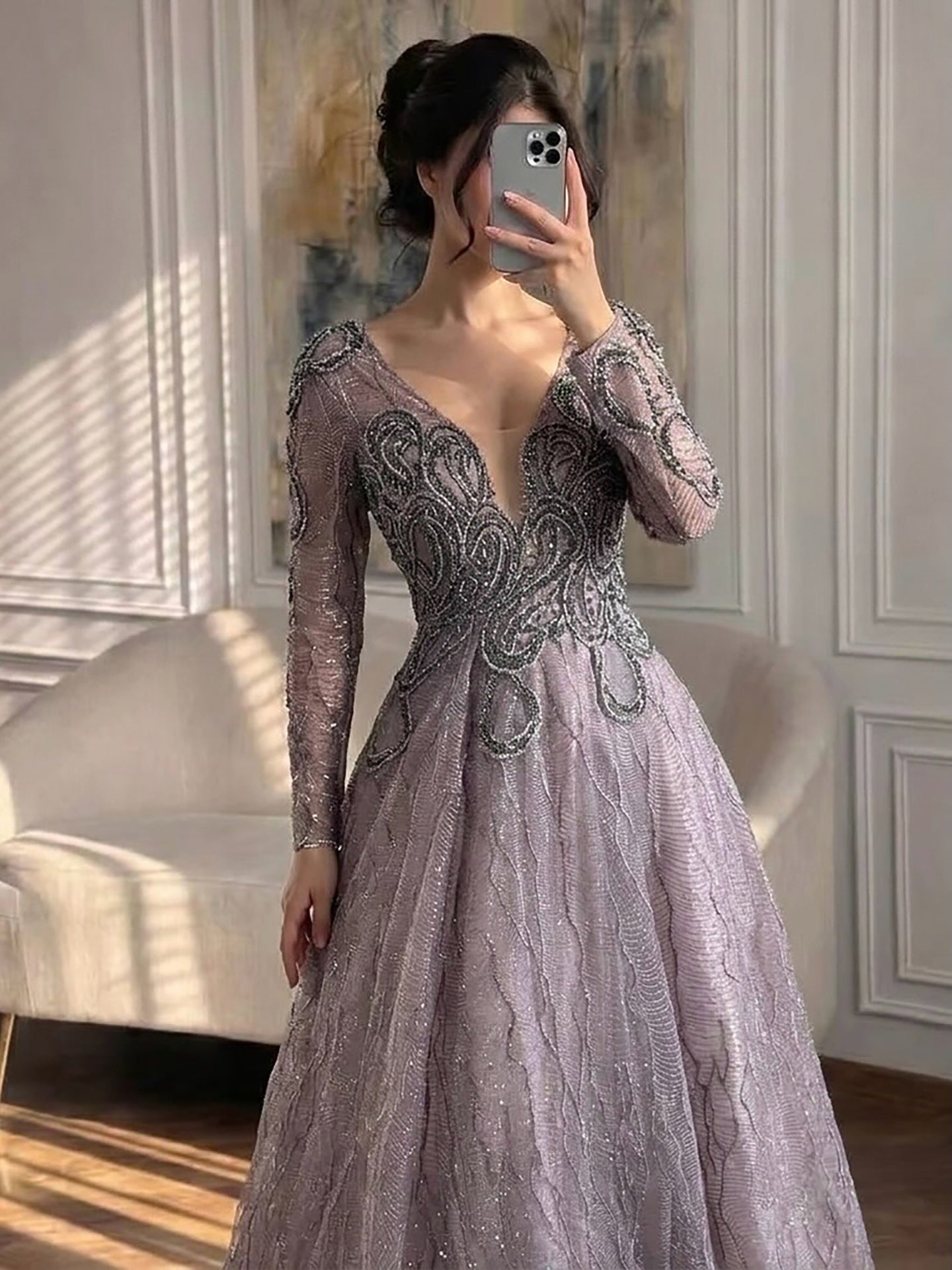 Luxury Nude Beaded V Neck Long Sleeve A Line Evening Dress LA73747